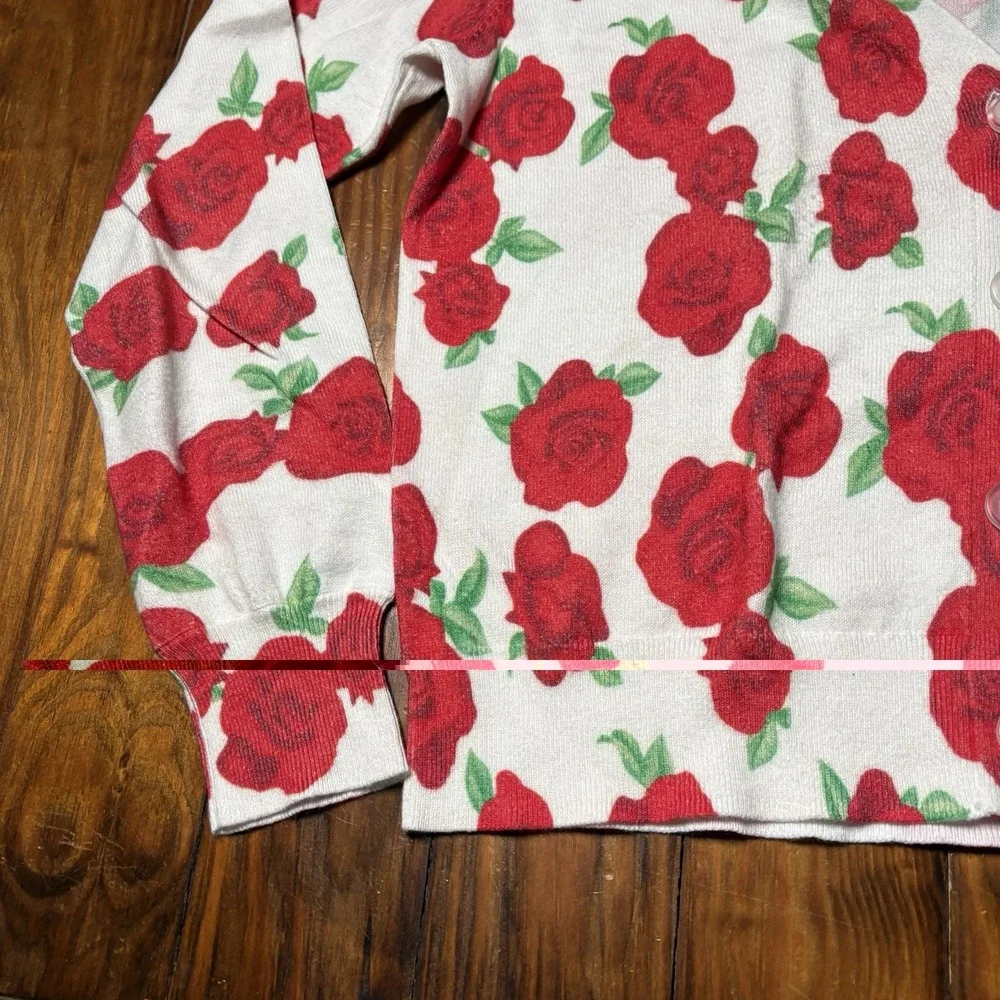 J. Society Rose Floral Cardigan Sweater Red White Cotton M A1387